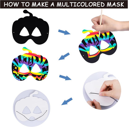 Max Fun 48PCS Halloween Crafts for Kids Kit, Rainbow Scratch Art and Crafts Mask, Birthday Cosplay Classroom Decoration, Magic Scratch Paper Halloween Party Favors Supplies Bat Witch Pumpkin Zombie