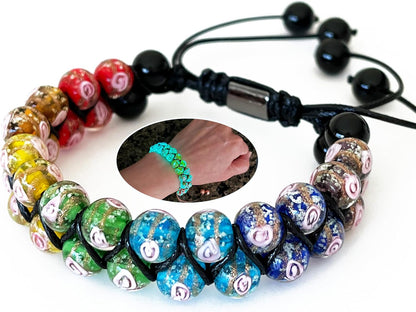 ARTSY Crafts Glow in The Dark Firefly Beads Bracelets, 7 Chakras Crystal Mermaid Glass Beaded Bracelets for Anti Anxeity Healing Energy Money Wealth Abundance Stackable Bangle Wristband
