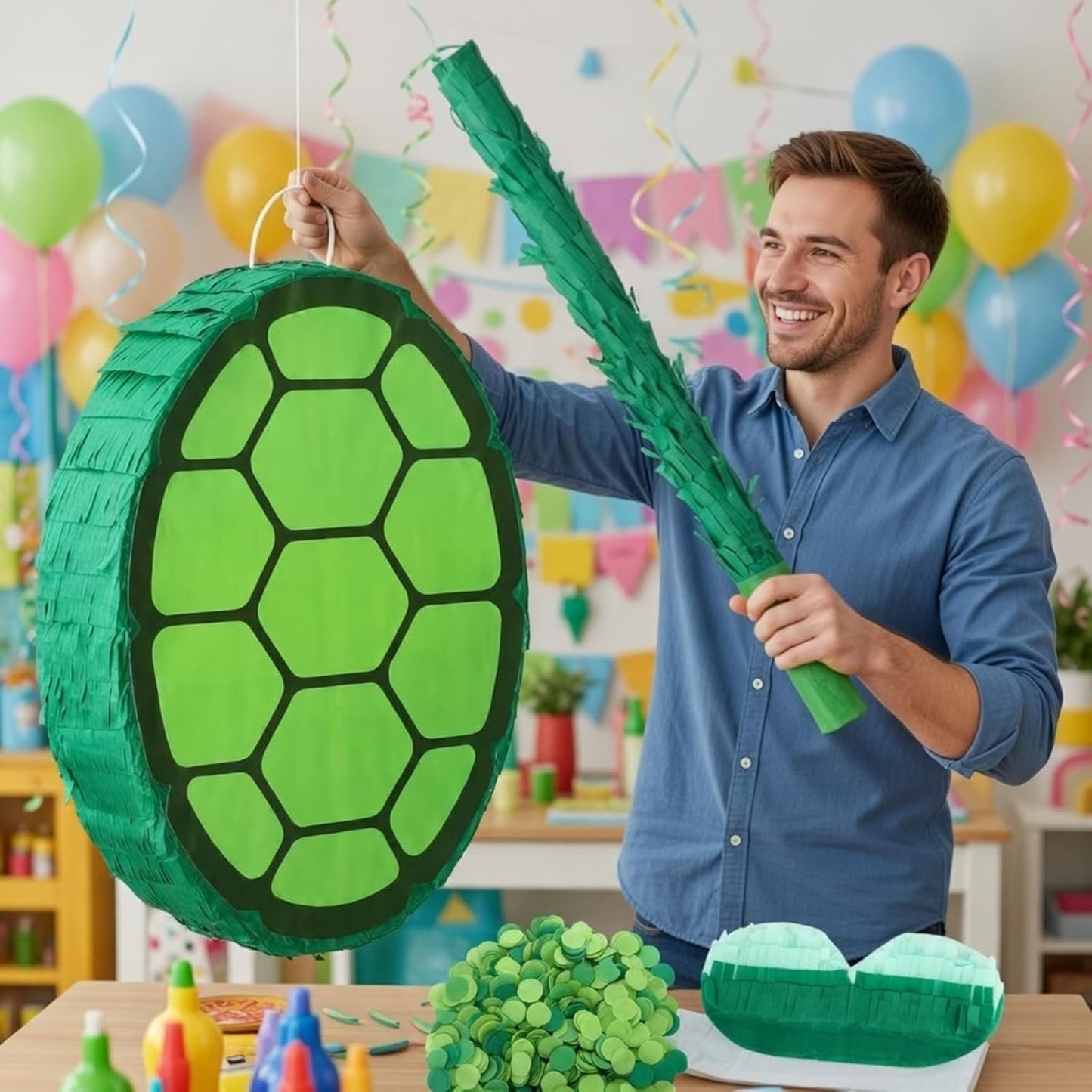 4 Pcs Green Turtle Piñata Birthday Decorations 12.6 x 3.1'' Turtle Piñata Set with Batting Stick Eye Mask Blindfold and Confetti for Birthday Decorations Props