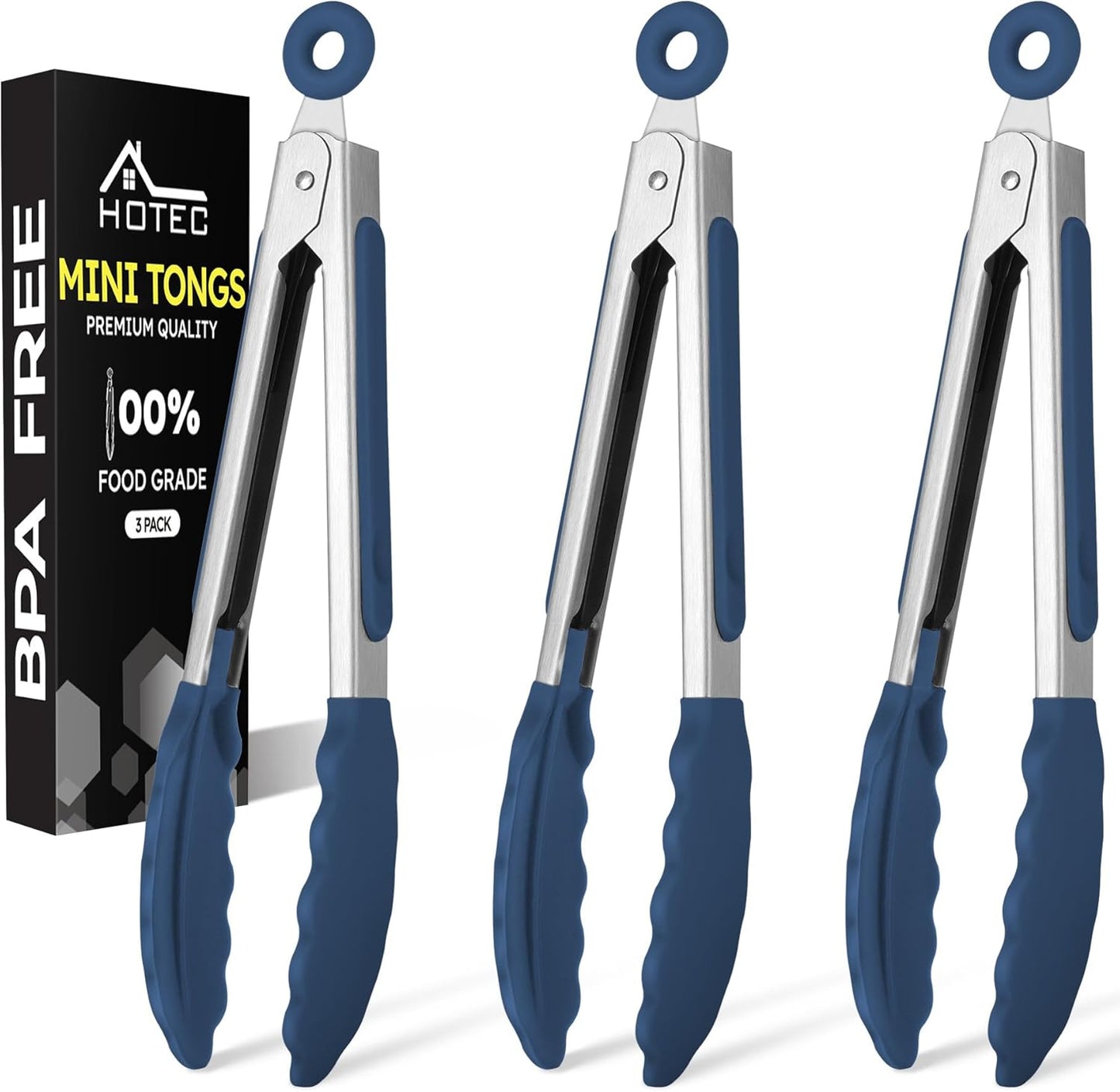 Hotec Mini Silicone Kitchen Tongs for Cooking - 7-Inch Small Serving Tongs with Silicone Tips, Set of 3 (Blue)