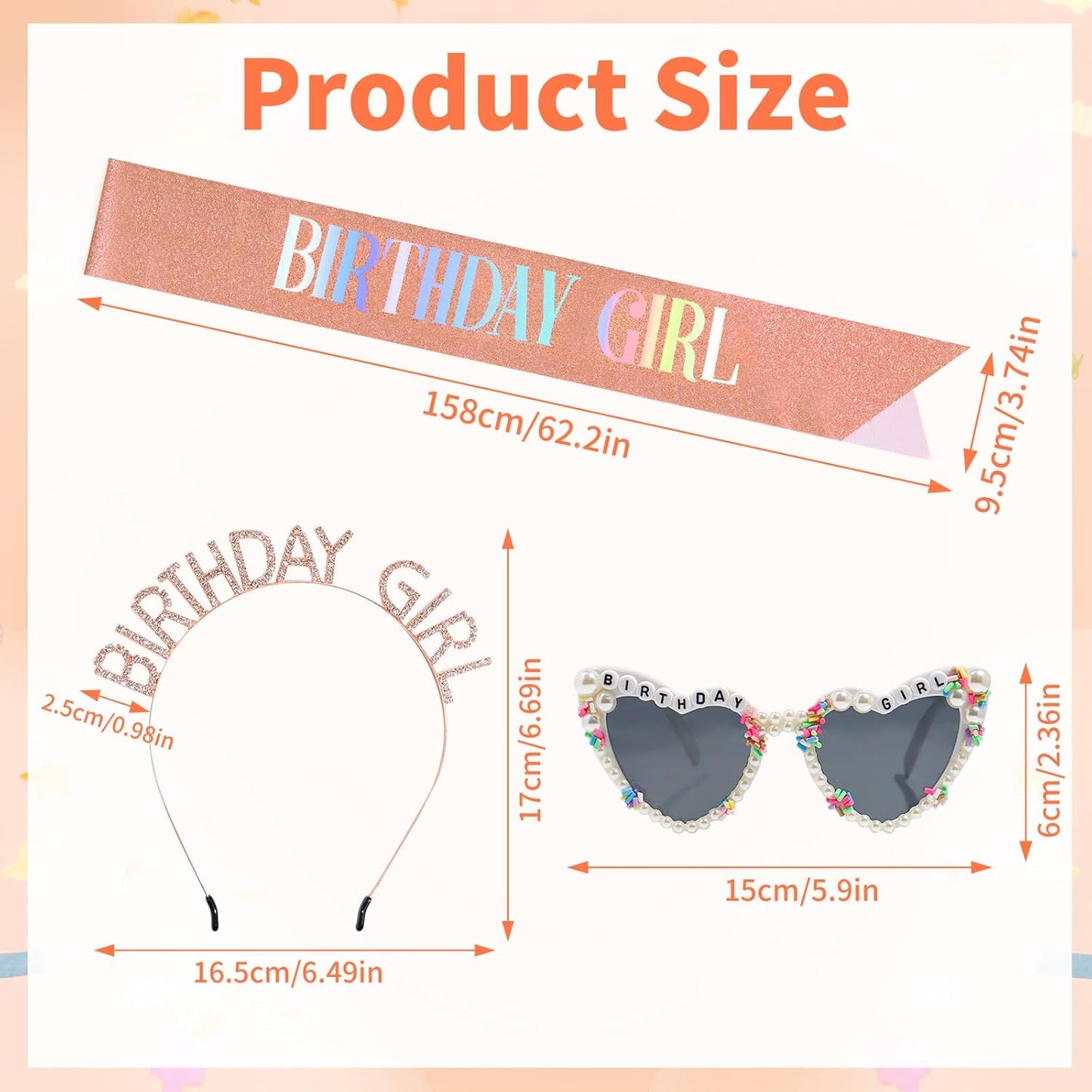 3Pcs Birthday Girl Sash Headband Set-Birthday Sash Tiara and Crown Sunglasses for Girls Women