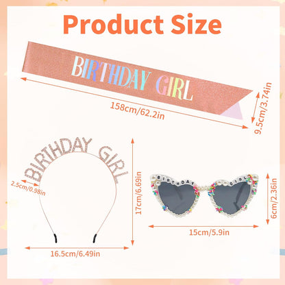 3Pcs Birthday Girl Sash Headband Set-Birthday Sash Tiara and Crown Sunglasses for Girls Women