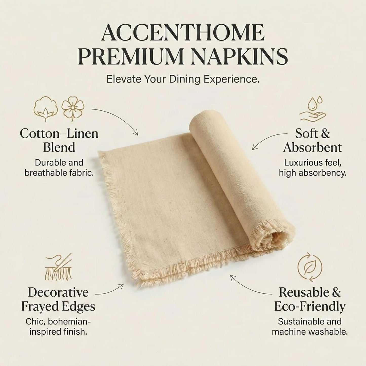 ACCENTHOME Natural Cotton Linen Napkin Set of 12 18x18 inch Dinner Napkins - Washable Soft Premium Hotel Quality Reusable Hemmed Edges Napkins Perfect Table Linens for Family Dinners, Weddings