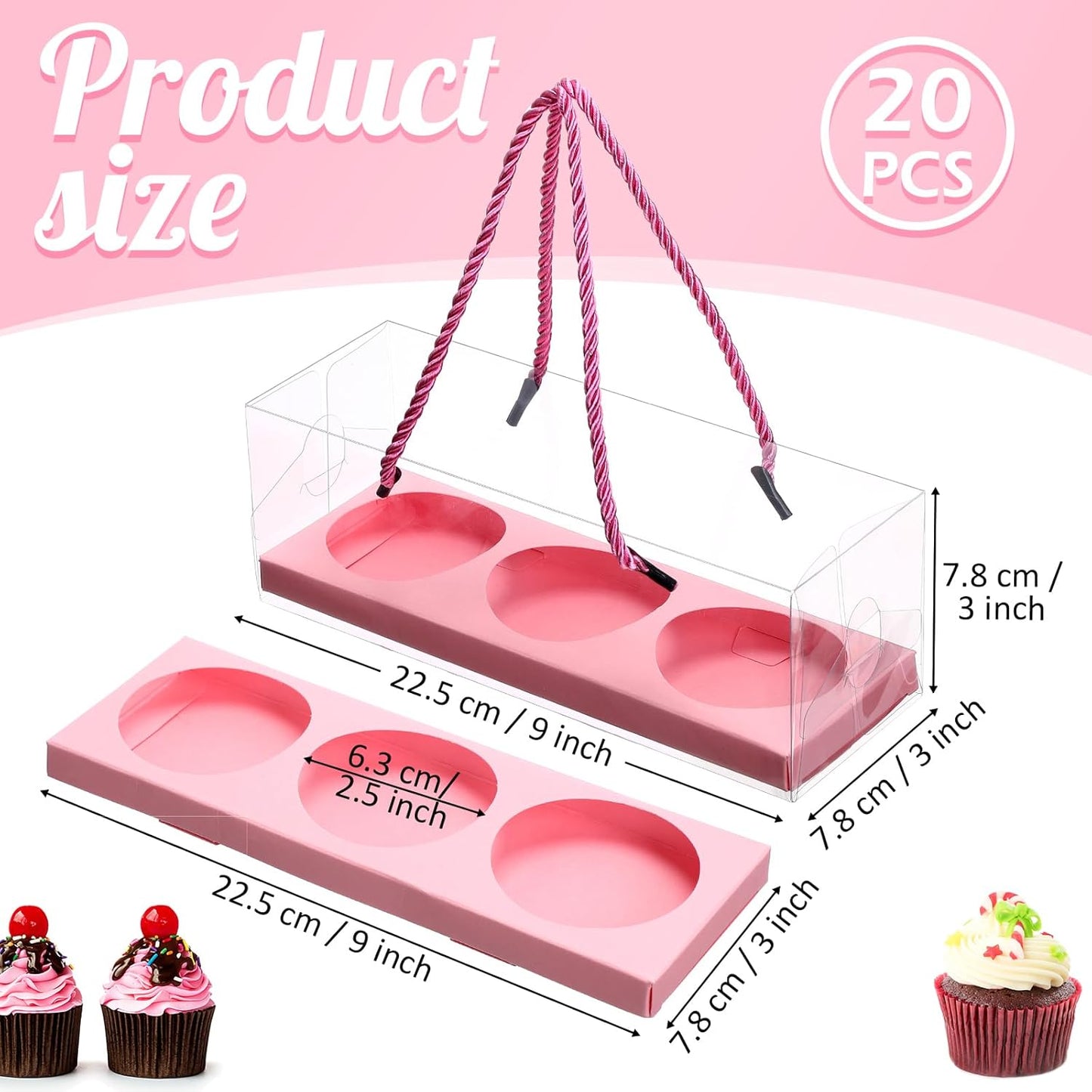 Thenshop 20 Pcs 9 x 3 x 3 Inch Clear Cupcake Boxes with Handle and Inserts 3 Count Portable Pastry Packaging for Cupcakes Carrier Muffin Bakery Containers Mothers Day Wedding Party(Brown)
