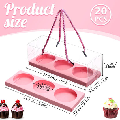 Thenshop 20 Pcs 9 x 3 x 3 Inch Clear Cupcake Boxes with Handle and Inserts 3 Count Portable Pastry Packaging for Cupcakes Carrier Muffin Bakery Containers Mothers Day Wedding Party(Brown)