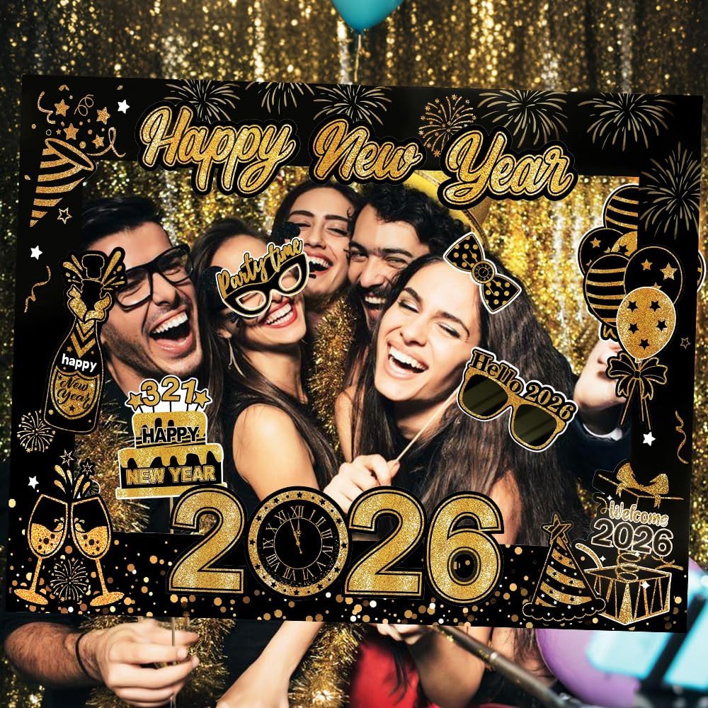 30Pcs New Years Eve Party Supplies 2026 Photo Booth Props Set with Frame 2026 Happy New Year Decorations Selfie Frames NYE Decoration for Parties Selfie Props Photography Decorations