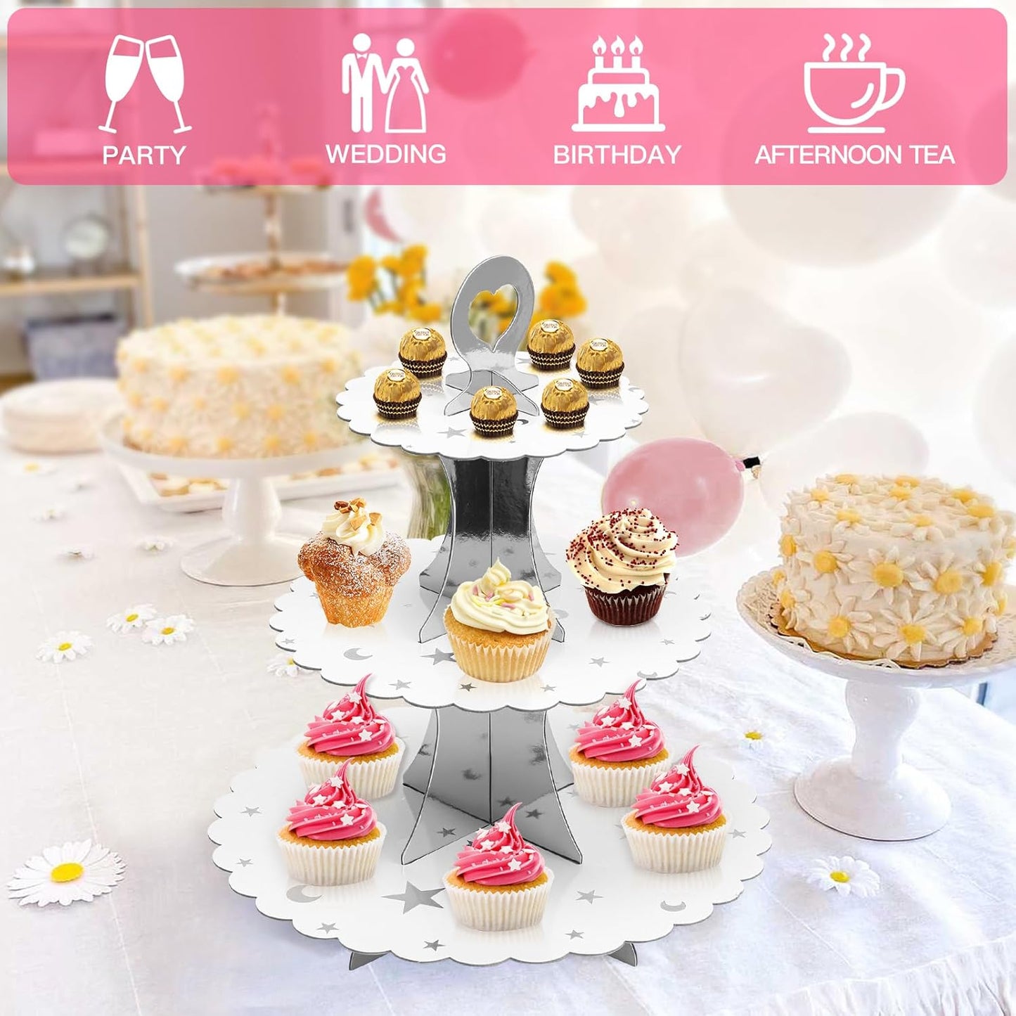 Soleebee 3-Tier Cupcake Stand, Cardboard Cupcake Tower, Dessert Cup Cake Stand Tower for Birthday Wedding Party Decoration, Cupcake Tier Stand 1 Set (Black)