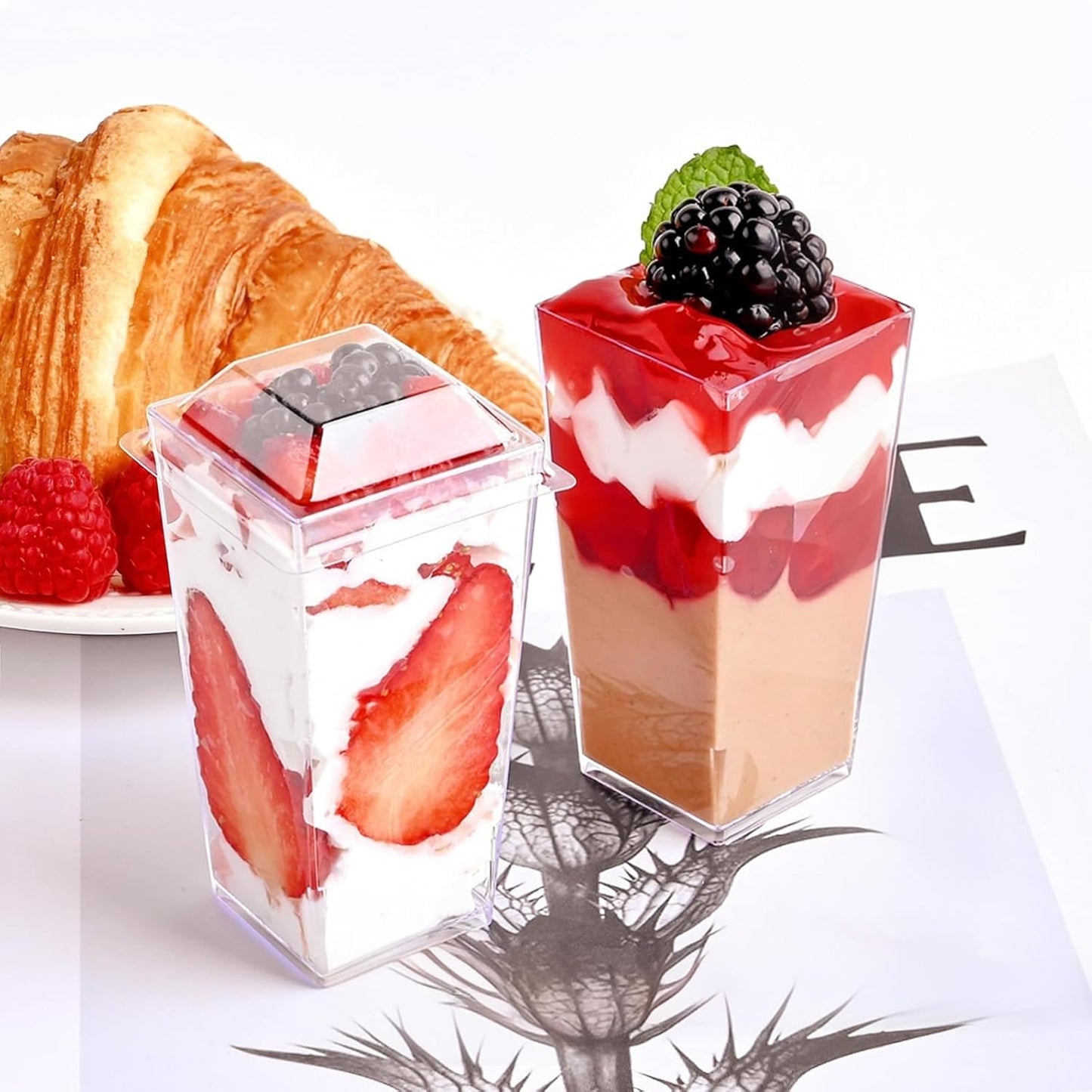 TOFLEN 50 Pack 5 oz Plastic Dessert Cups with High Lids for Party, Mini Dessert Cups with Spoons Dessert Shooter Cups for Yogurt Parfait, Appetizer, Pudding, Fruit and Ice Cream