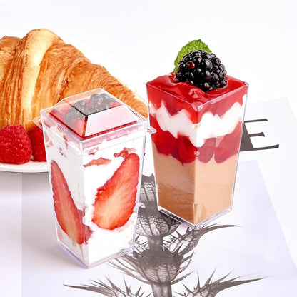 TOFLEN 50 Pack 5 oz Plastic Dessert Cups with High Lids for Party, Mini Dessert Cups with Spoons Dessert Shooter Cups for Yogurt Parfait, Appetizer, Pudding, Fruit and Ice Cream