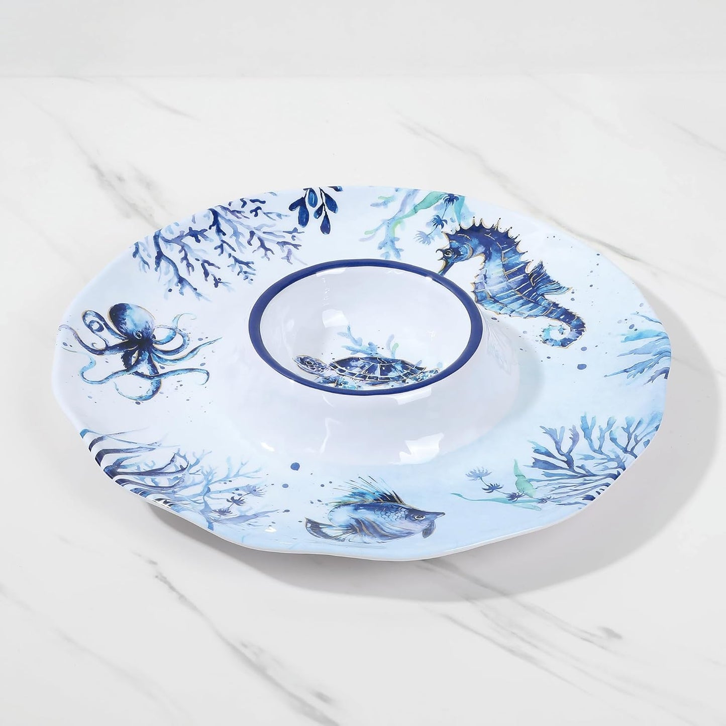 UPware Sea Life Melamine Chip and Dip Serving Tray, Round Serving Platter for Chips, Salsa, Fruit, and Snacks, Multicolor, 13.5 Inch