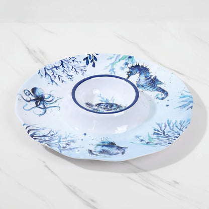 UPware Sea Life Melamine Chip and Dip Serving Tray, Round Serving Platter for Chips, Salsa, Fruit, and Snacks, Multicolor, 13.5 Inch