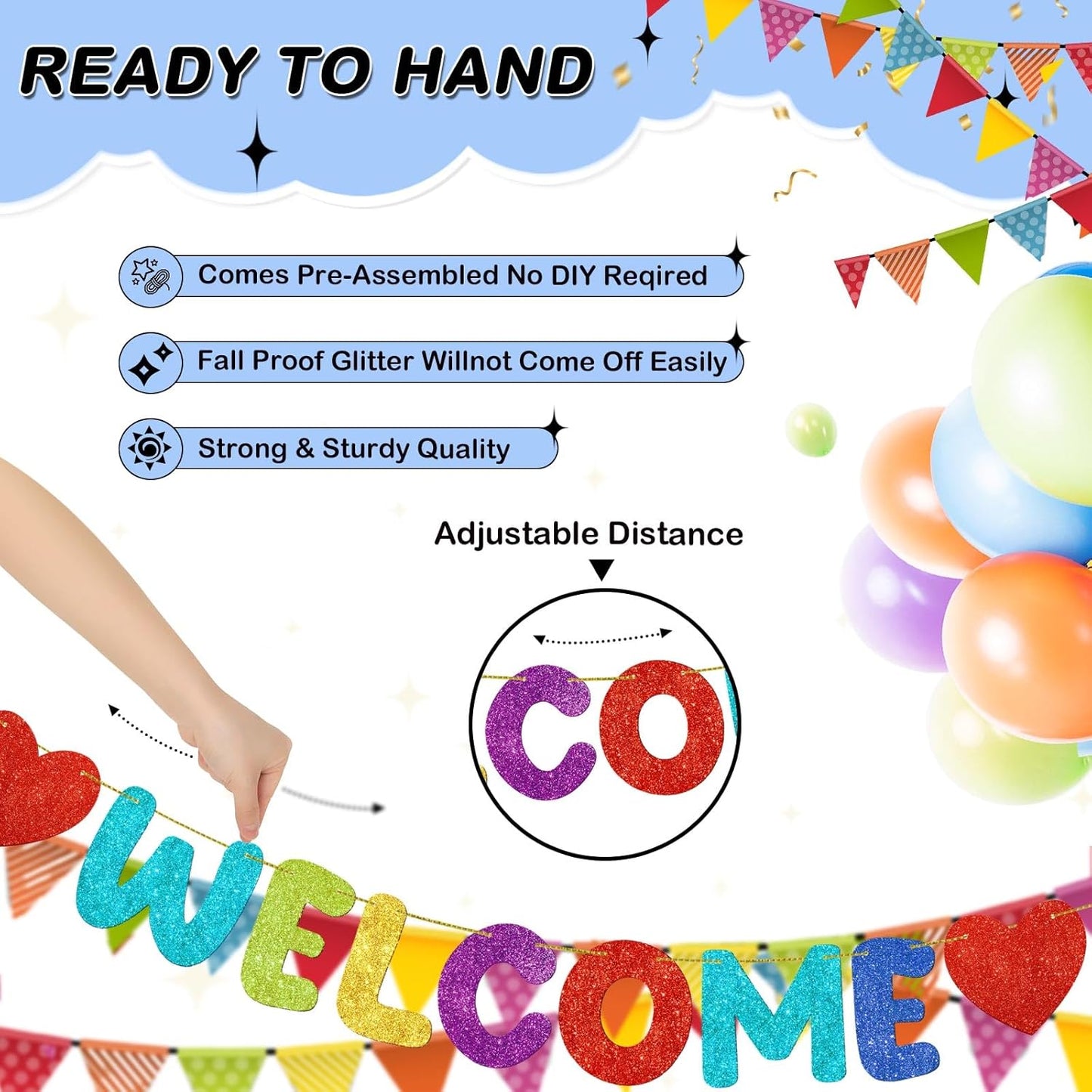 Fulmoon Pre Strung Welcome to The Team Banner with Two Heart Signs, NO DIY, Glitter Welcome Party Supplies for New Employee, Coworker, Colleague, Staff, Team Member Office Decorations(Champagne Gold)