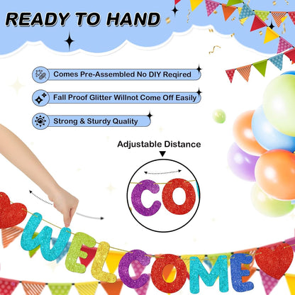 Fulmoon Pre Strung Welcome to The Team Banner with Two Heart Signs, NO DIY, Glitter Welcome Party Supplies for New Employee, Coworker, Colleague, Staff, Team Member Office Decorations(Champagne Gold)