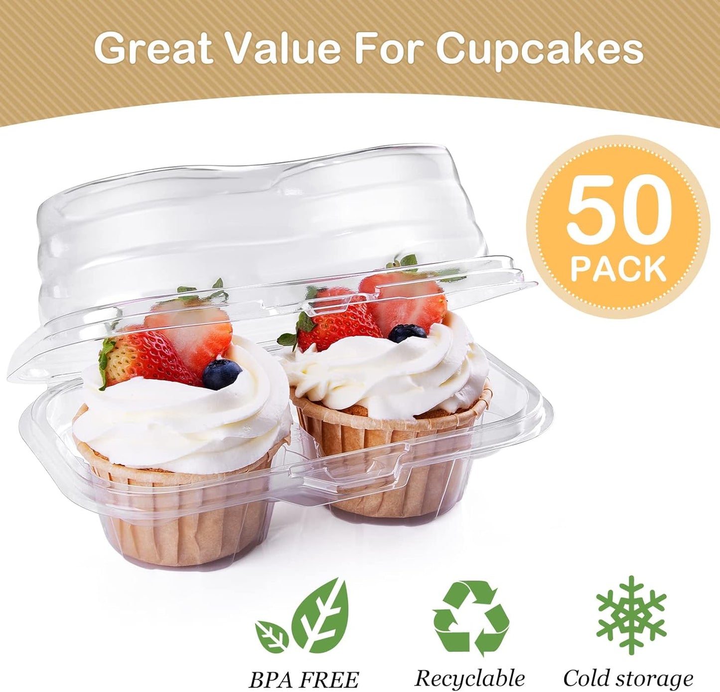 2 Cavity Cupcake Boxes-Stackable Regular Cupcake Carrier Holder, Thicker Clear Cupcake Boxes, Non-slip High Topping Cupcake Containers for Cupcakes, Muffins (50)