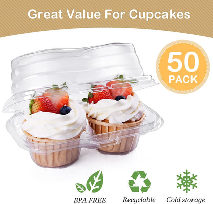 2 Cavity Cupcake Boxes-Stackable Regular Cupcake Carrier Holder, Thicker Clear Cupcake Boxes, Non-slip High Topping Cupcake Containers for Cupcakes, Muffins (50)