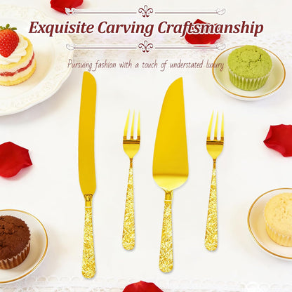 4 PCS Wedding Cake Knife and Server Set, Elegant Gold Cake Cutting Set with Engraved Handles and Forks for Wedding Anniversary, Engagement Party
