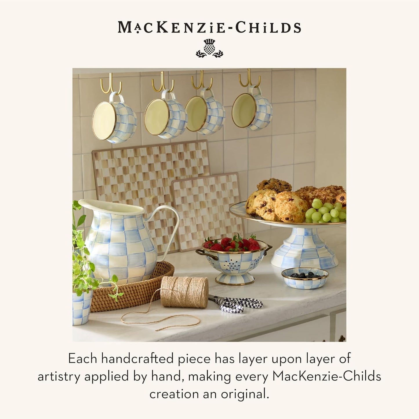 MACKENZIE-CHILDS Enamel Pedestal Platter, Round Cake Stand, Large, Black-and-White Courtly Check