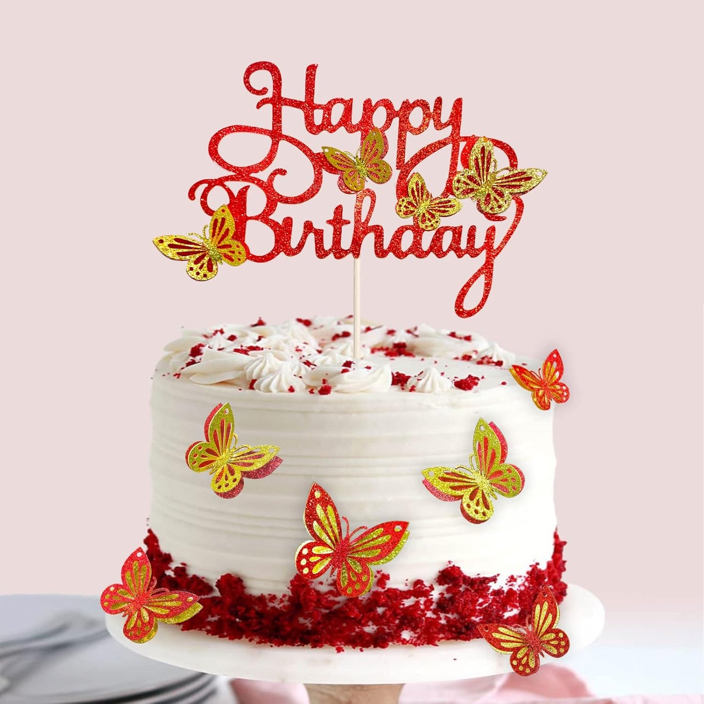 13-Pieces 3D Butterfly Cupcake Topper for Girls Women's Happy Birthday Cake Decorations Party Decorations(Pink)