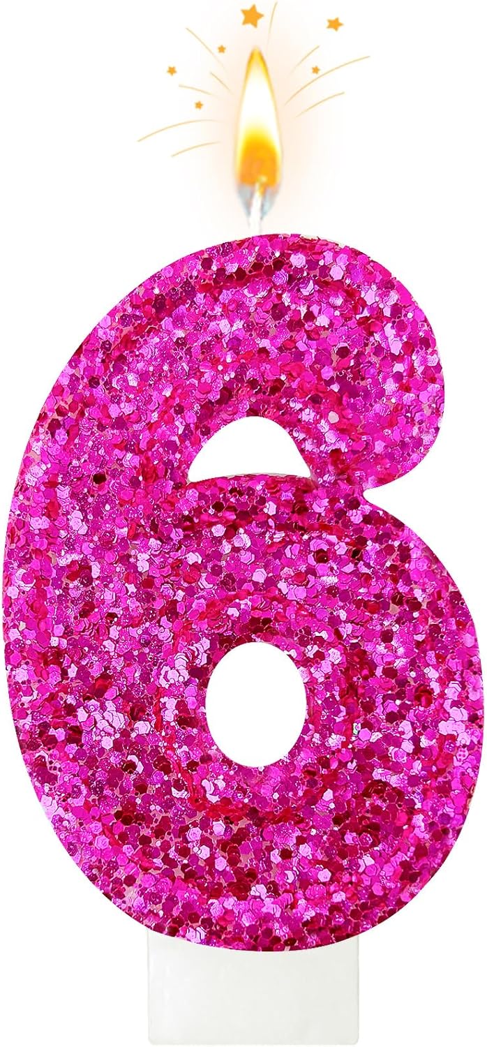 Birthday Number Candles, Glitter Number Candle Cake Decorations with Sequins, Cupcake Decorations for Girls, Women, Party Anniversary Celebrations (Number 6, Purple)