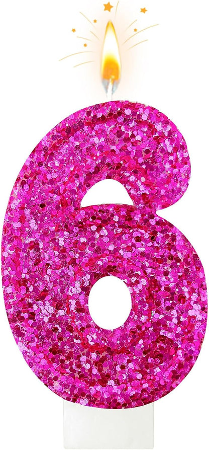 Birthday Number Candles, Glitter Number Candle Cake Decorations with Sequins, Cupcake Decorations for Girls, Women, Party Anniversary Celebrations (Number 6, Purple)