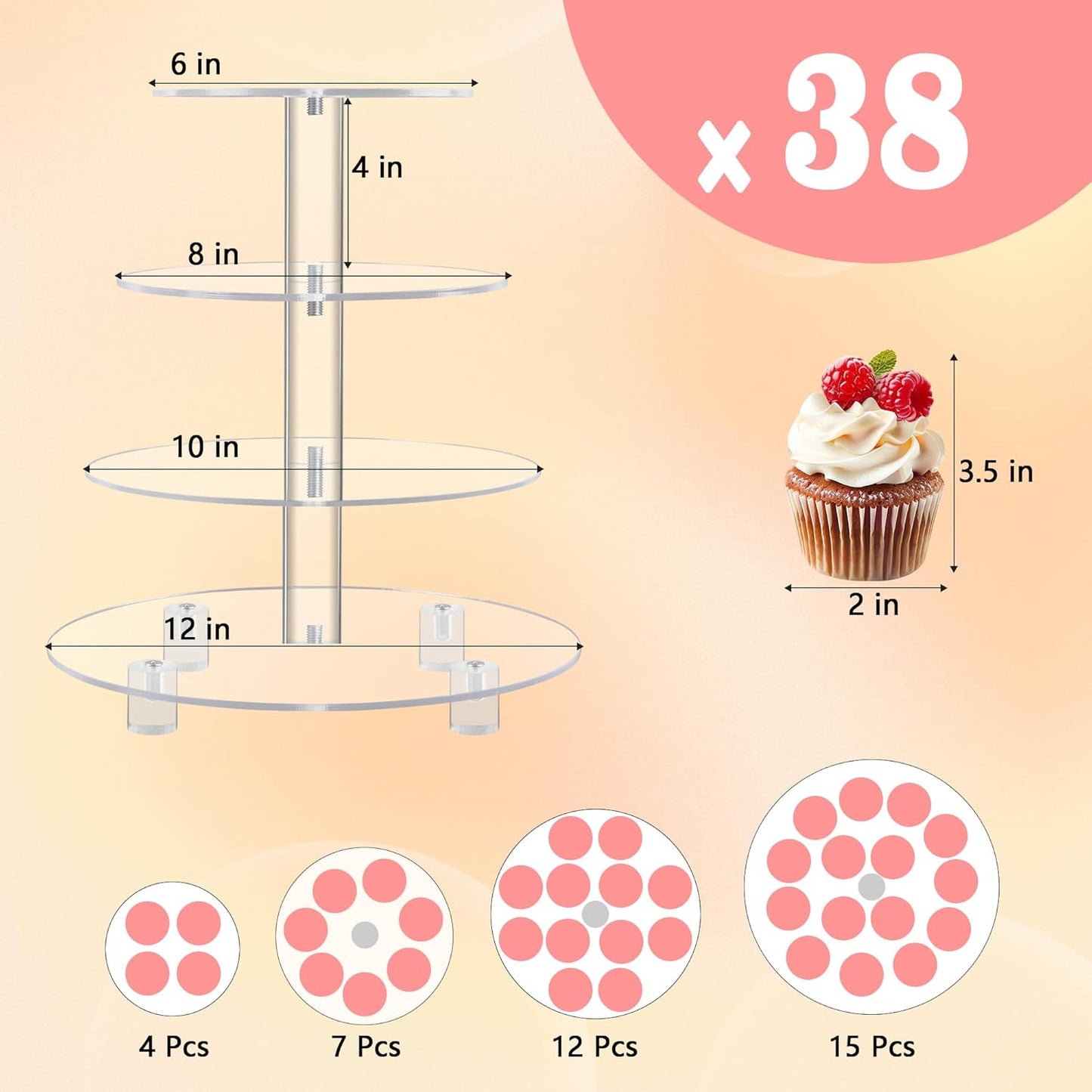 YestBuy 4 Tier Acrylic Cupcake Stand, Premium Cupcake Holder, Acrylic Cupcake Tower Display Cady Bar Party Décor â Display for Pastry(4.7" Between 2 Layers)