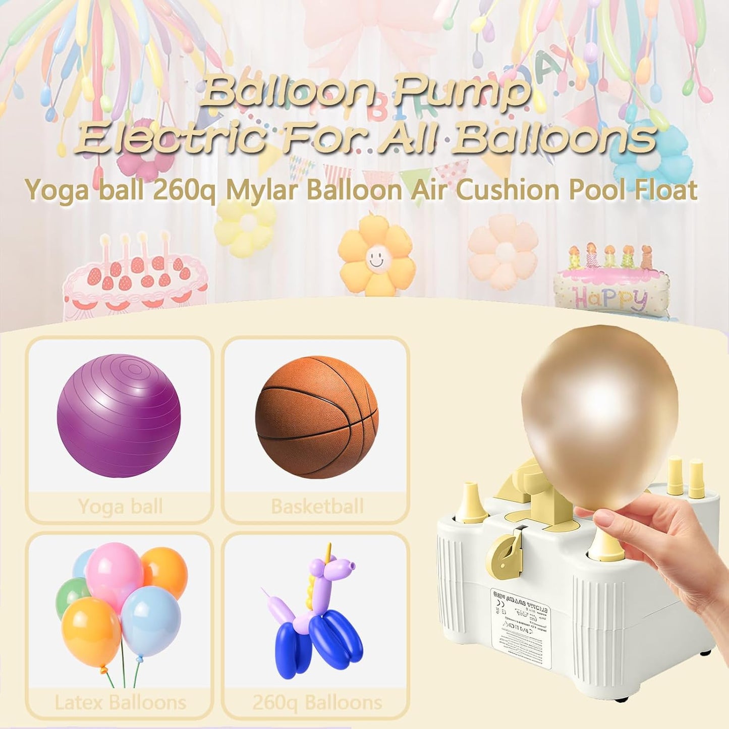 4-in-1 Electric Balloon Pump for All Balloons, Inflatables, and Sports Balls, Portable High Power Triple Inflating Ports for Latex Foil 260q Mylar Balloon