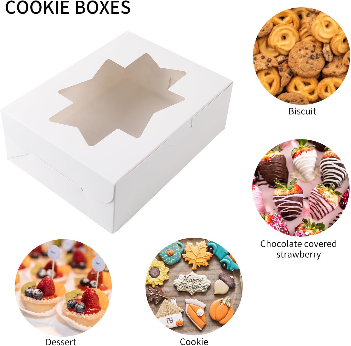 Moretoes 32pcs Cookie Boxes, 8x6x2.5 Bakery Boxes with Window 3 Styles, for Chocolate Strawberries, Dessert, Donuts, Cupcakes, Muffins
