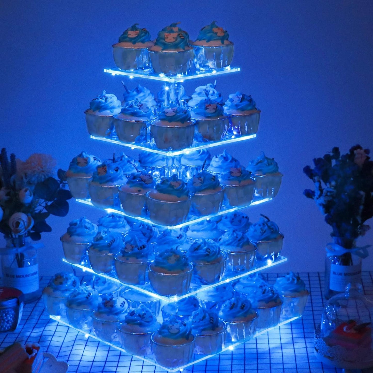 YestBuy Cupcake Stand with Yellow Led Lights, 4 Tier Cupcake Stand for 50 Cupcakes, Acrylic Cupcake Tower Stand, Clear Tiered Cupcake Holder for Birthday Cady Bar Décor Weddings, Parties Events