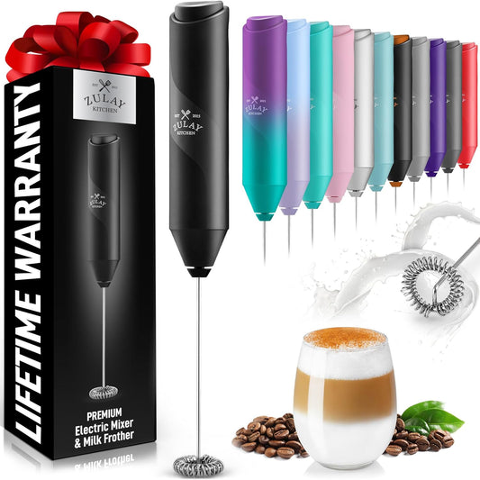 Zulay Kitchen Powerful Milk Frother AA Batteries Included – Ultra Fast Handheld Drink Mixer with Stainless Steel Whisk Stirrer for Coffee, Protein, Matcha & More, Frother Wand Electric Frothmate Black - Colors A