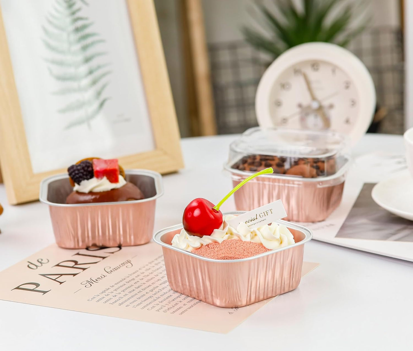 NPLUX 50 Pcs Mini Cake Pans with Lids and Spoons Aluminum Foil Mini Square Baking Cups with Lids Disposable Ramekins Cake Pans Dessert Cups for Wedding Mothers Day Gifts Party Favors(Pink,5oz)