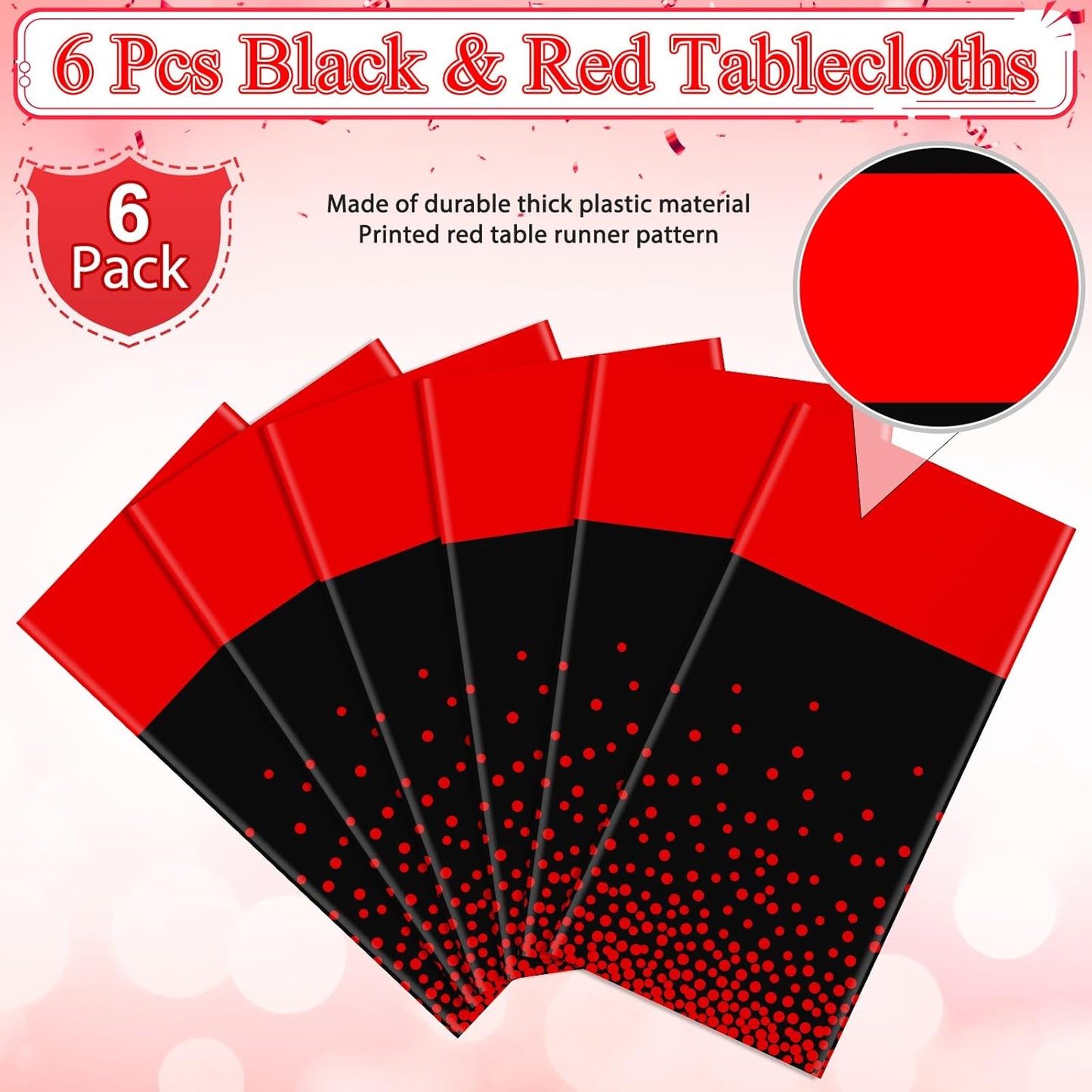 MASHAN 3Pcs Black and Red Tablecloth Party Decorations,Plastic Black Table Cloth Printed Red Table Runner Disposable Rectangle Cover for Birthday Weeding Anniversary Graduation Party,54 x108 Inch
