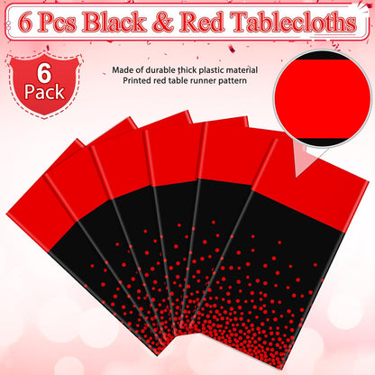 MASHAN 3Pcs Black and Red Tablecloth Party Decorations,Plastic Black Table Cloth Printed Red Table Runner Disposable Rectangle Cover for Birthday Weeding Anniversary Graduation Party,54 x108 Inch