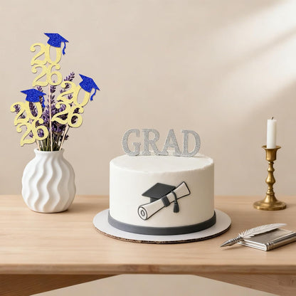 Class of 2026 Graduation Centerpieces, 10 Pcs Gold Glitter 2026 Centerpieces with Graduation Cap, Congrats Grad Party Decorations for Cake, Dessert & Centerpieces