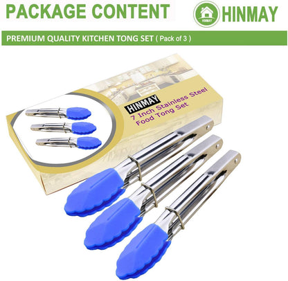 HINMAY Small Tongs with Silicone Tips 7-Inch Mini Serving Tongs, Set of 6 (Green Red Blue Purple Pink Orange)