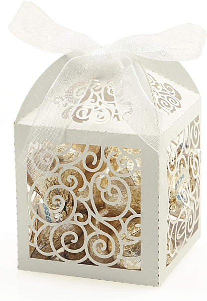 KPOSIYA 100 Pack Wedding Favor Boxes Laser Cut Boxes Party Favor Box Small Gift Boxes Lace Candy Boxes for Wedding Bridal Shower Baby Shower Birthday Party Anniverary with Ribbons (Pink, 100)