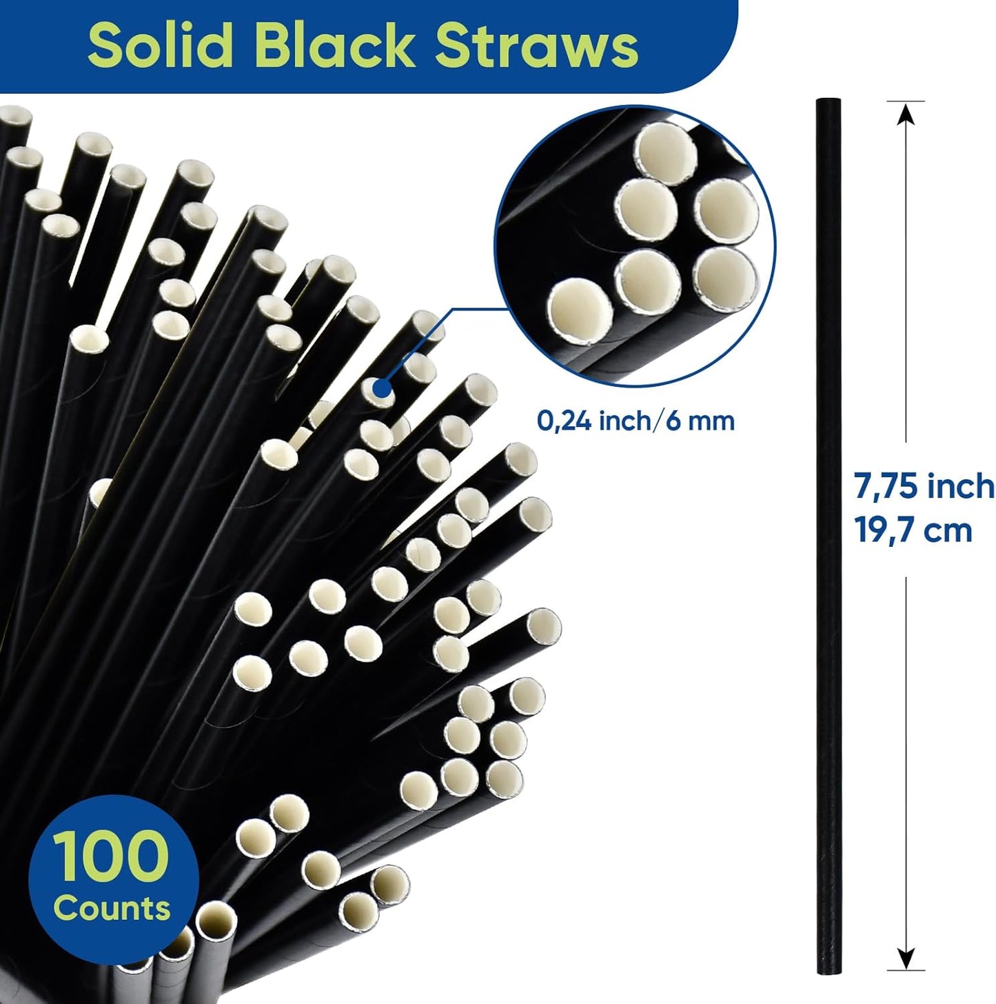 Disposable Paper Straws Solid Green - 7.75'' x 0.24'', 100 Counts - for Drinking, Beverage, Juice, Soda, Bar Supplies