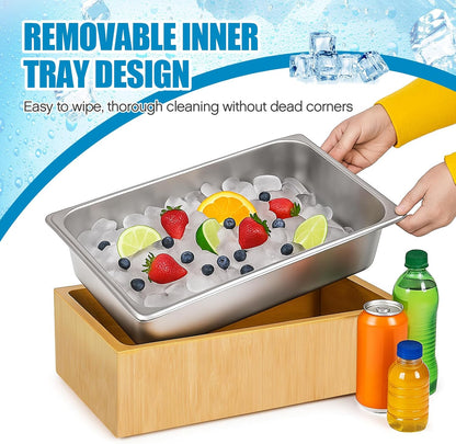 Ice Housing Bin with Removable Tray Ice Holder Container Wine Beer Champagne Drink Bucket Beverage Tub for Freezer Display Buffet Bar Counter Party Drink Chiller(Bamboo and Steel,21" X 13" X 5.5")