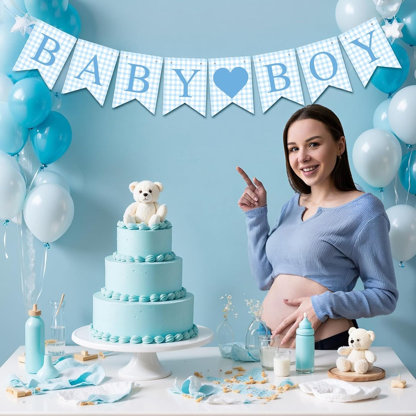 Hahafelt 1 Pcs Blue Gingham Welcome Baby Boy Banner for Baby Shower Party Decorations Pre Strung Gender Reveal Paper Banner for Table, Wall, Mantel Display Party Decor Supplies