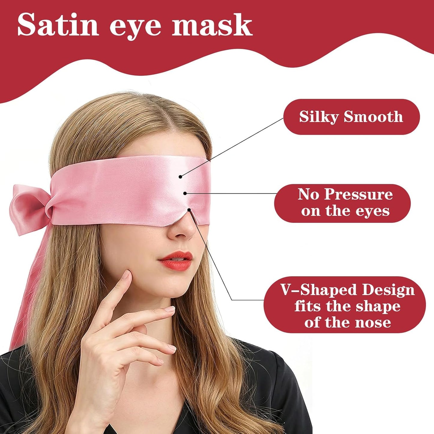 Tyqour 2 Pcs Soft Silk Blindfold for Adult Couples, Satin Blind Folds for Adult Play, Adjustable Blindfold for Party Games, 59 Inch V-Shaped Blackout Sleep Mask for Women Men Gift (Black, Pink)