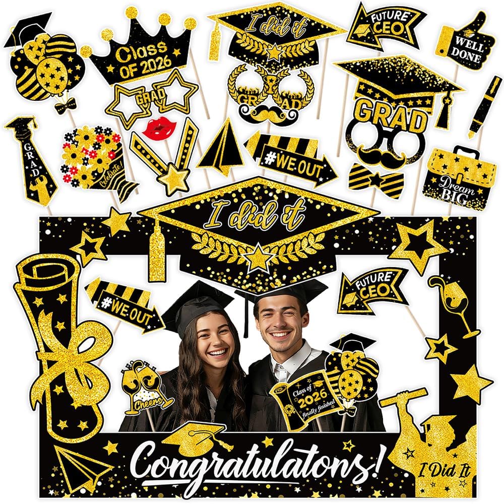 31 Pcs Graduation Photo Booth Props with Paper Big Frame 2026 Grad Party Supplies Gold Black Selfie Photo Props Funny Selfie Photos Frame Graduation Party Photography Decoration