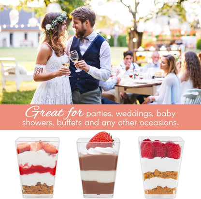 Zezzxu 3 oz Square Mini Dessert Cups with Spoons - 50 Pack Plastic Pudding & Parfait Cups Party Dessert Shooters for Serving Trifle Mousse Cake Appetizers