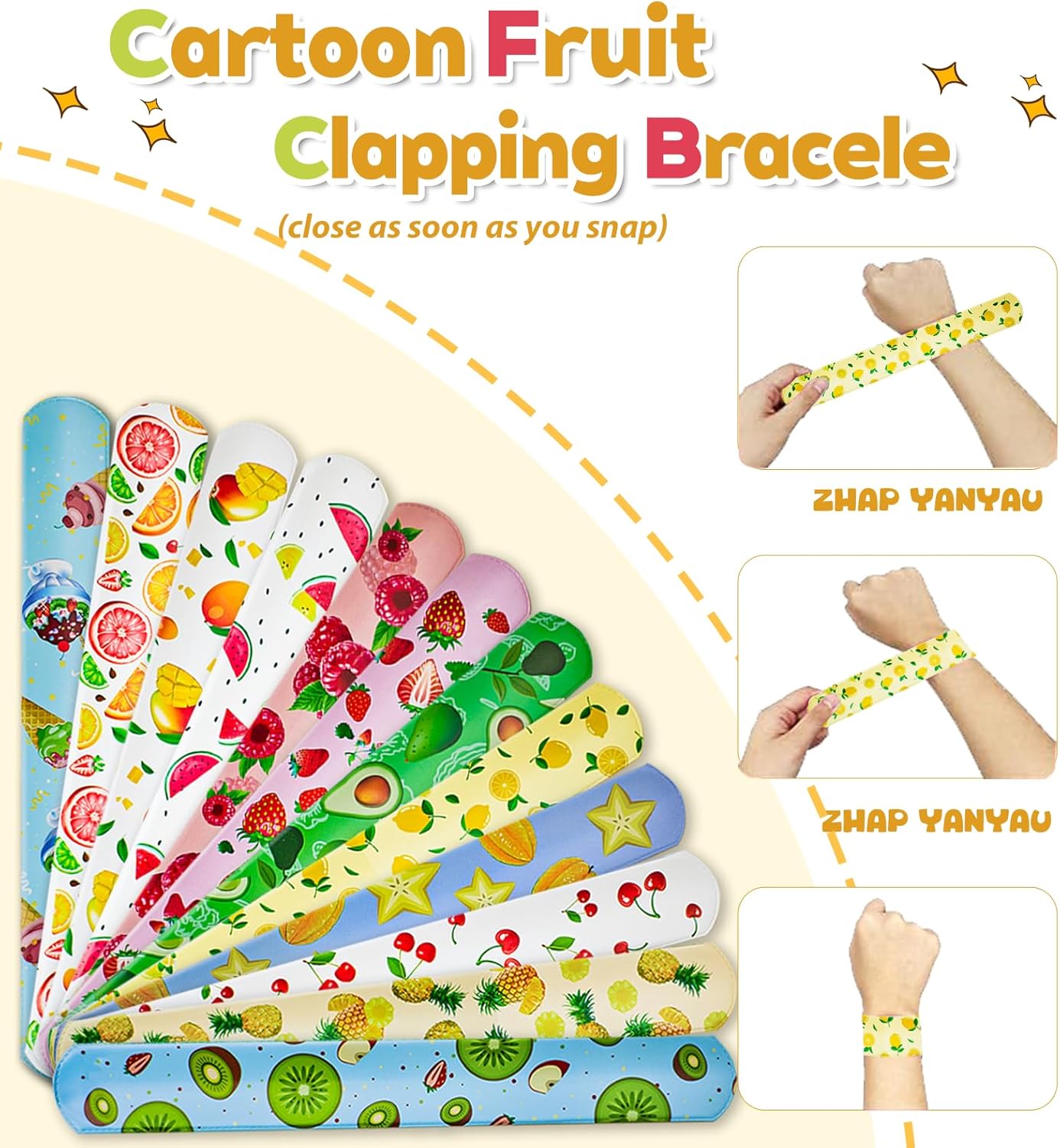CZWXOXO 74PCS Fruit Slap Bracelets&Stickers Summer Fruit Theme 24PCS Slap Bracelets 50PCS Stickers Party Favors Basket Bag Filler School Prizes Gifts Party Favors Bulk
