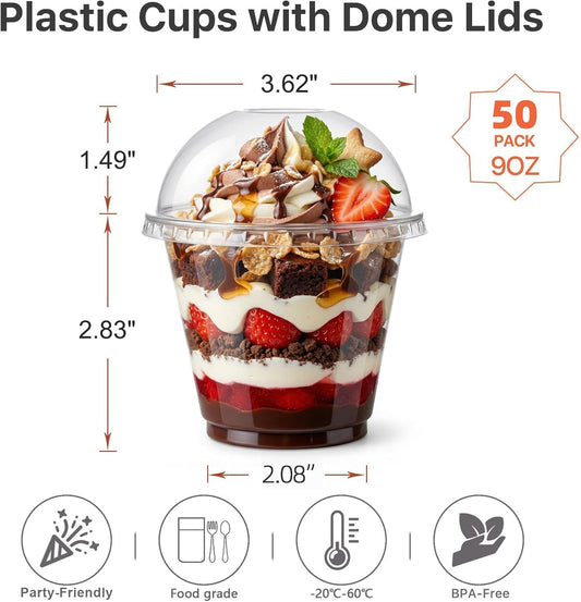Lullaby 200Pack 9oz Clear Plastic Cups with Dome Lids, Dessert Cups with Lids, Disposable Parfait Cups, Party Cups Cupcake for Parties and Daily Use