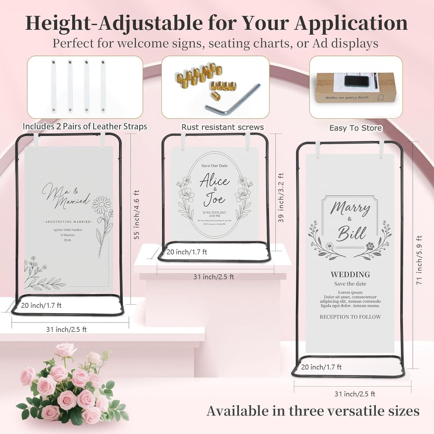 Sign holder, Adjustable Wedding Sign Holder, Welcome Sign Stand With Leather Sign Hanging Straps, 71”x31”x 20” Heavy Duty Ease Sign Stand for Wedding, Bridal Shower, Birthday Party, Baby Shower or Any Event (Gold, M)