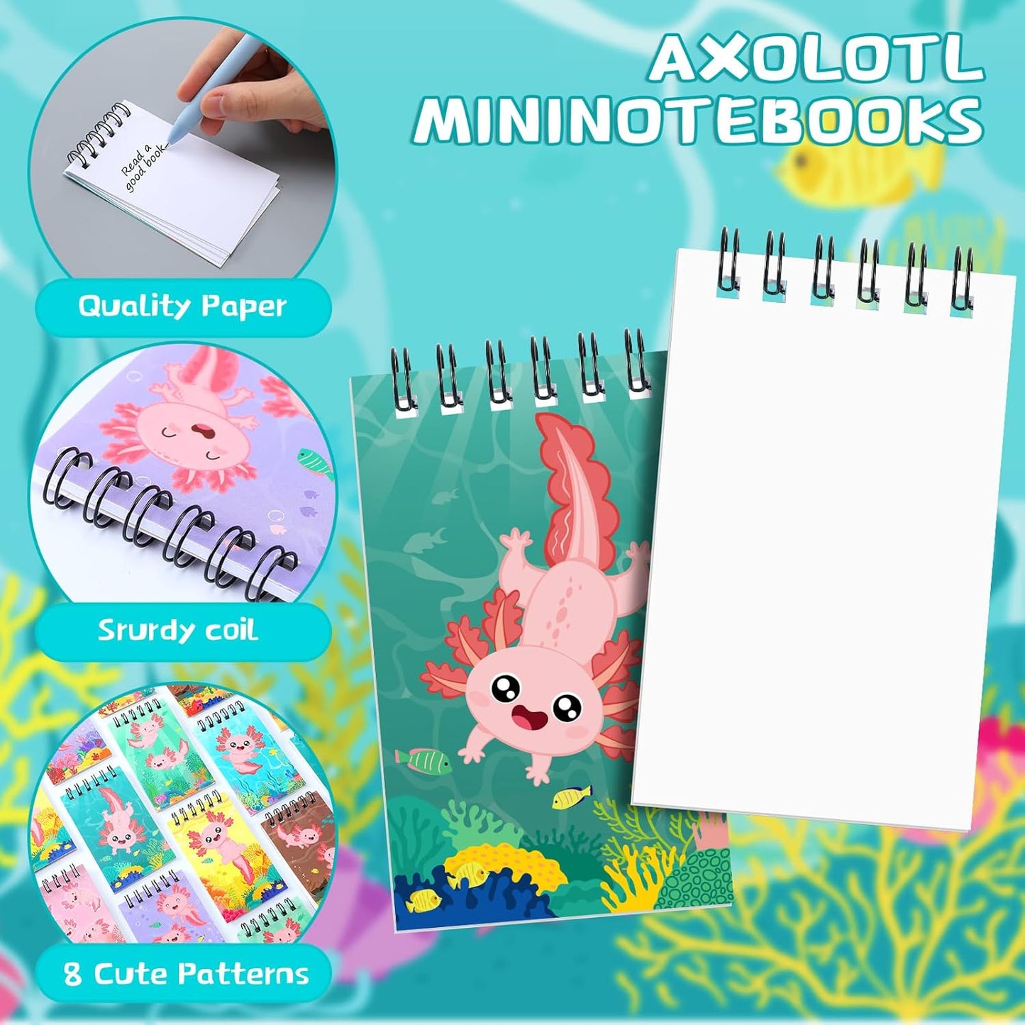 AmazingSpark 48 Pcs Axolotl Party Favors Axolotl Mini Notebooks with Pens Cute Animal Pocket Notepads Retractable Pens Gift for Back to School Birthday Party Favors