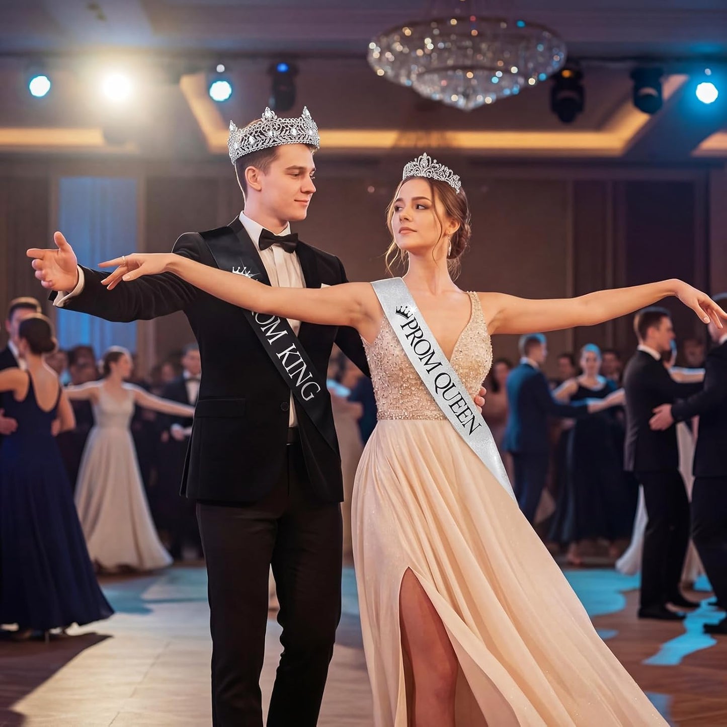 Lyrow 4 Pcs Prom King and Queen Crown Set, Prom King Crown with Sash for Graduation, Queen Tiara with Sash for Grad Couple Accessories Homecoming Birthday Party(Cute,Black,White)