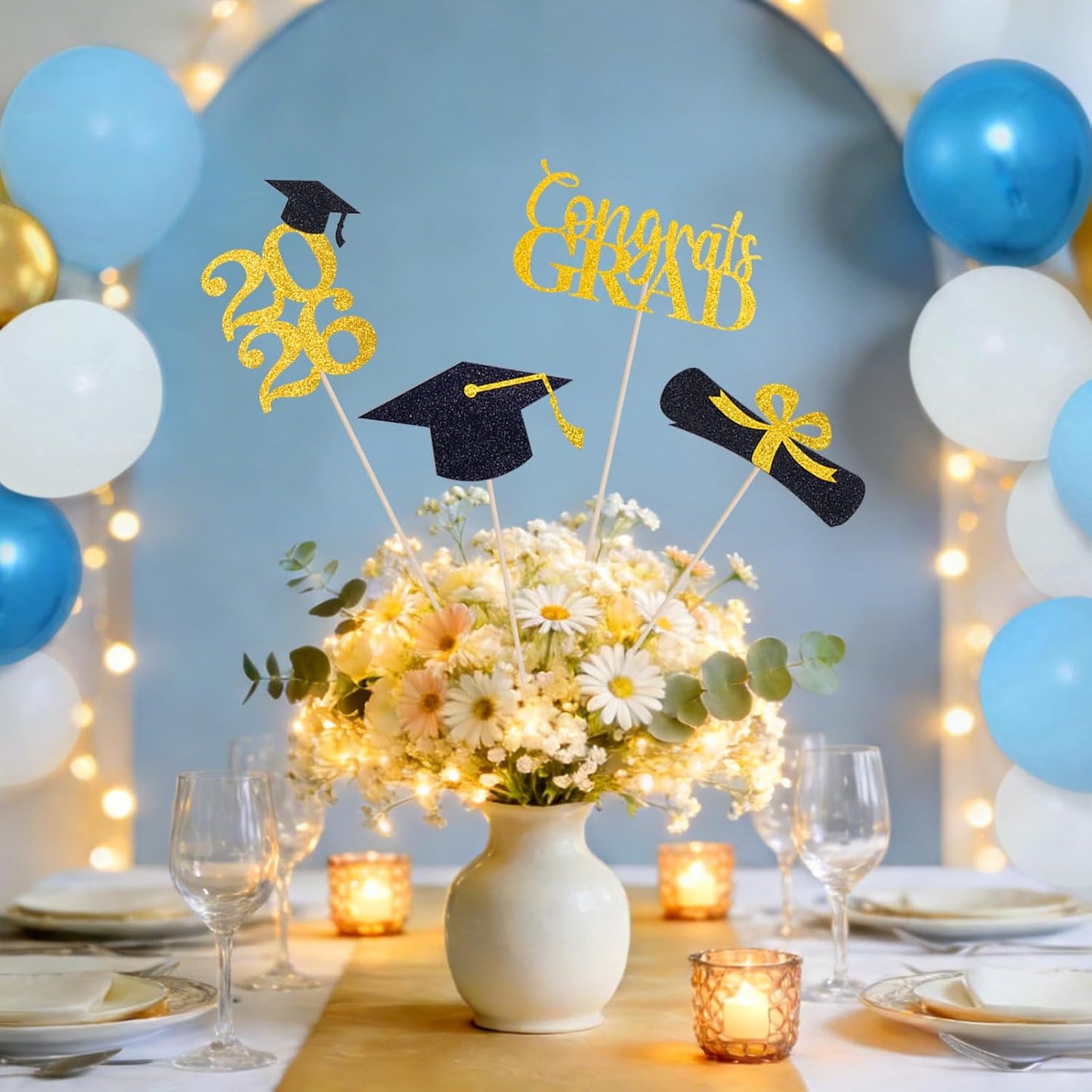 Graduation Decorations 2026, 16pcs Graduation Centerpieces for Table, Gold and Black Graduation Table Centerpieces Toppers, Class of 2026 Graduation Party Decorations Double Sided