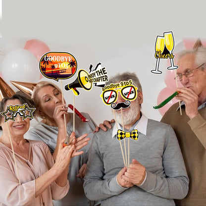 Retirement Party Photo Booth Props Kit Retirement Selfie Props Retirement Party Supplies Retirement Happy Party Decoration - 30pcs Selfie Props with Happy Retirement Frame - Black and Gold Theme