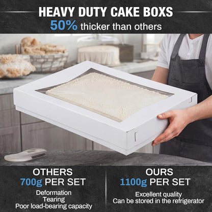 10 Sets 19 x 14 x 4 Inch Heavy Duty Half Sheet Cake Box with Window Include Corrugated Paperboard Cake Box Bottom Bakery Top Greaseproof Pad Tray for Dessert