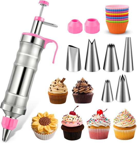 Hendiy Dessert Decorating Syringe Set, Frosting Piping Kit Stainless Steels Cake Decorating Kit with 6 Piping Tips & 9 silicone cupcakes, Cupcake Decorating Kit Piping Bags and Tips Set